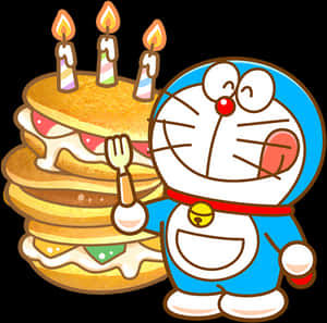 Doraemon Celebratingwith Pancake Cake PNG image with transparent background