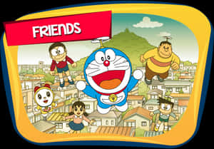 Doraemonand Friends Flying Over Town PNG image with transparent background