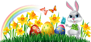 Easter Bunny With Daffodils Eggs And Grass Decor Png - Easter Eggs And Bunny Clipart, Transparent Png PNG image with transparent background
