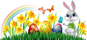 Easter Bunny Daffodils Rainbow PNG Image