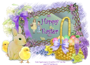 Easter Greetings Basketand Chicks PNG Image