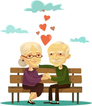 Elderly Couple Love Bench Cartoon PNG Image