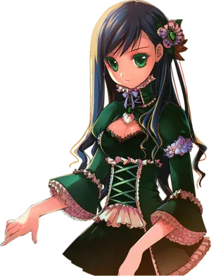 Elegant Anime Girlin Green Dress PNG Image