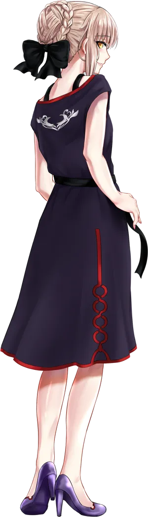 Elegant Anime Girlin Navy Dress PNG Image