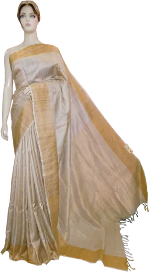 Elegant Beige Golden Saree Mannequin PNG Image