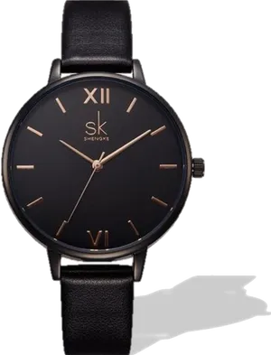 Elegant Black Dial Leather Strap Watch PNG Image