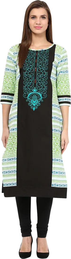 Elegant Black Green Embroidered Kurti PNG Image