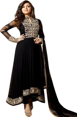 Elegant Black Salwar Suitwith Embroidery PNG Image