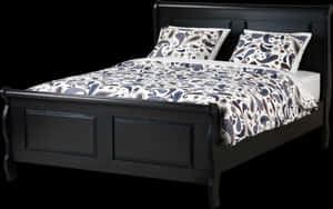 Elegant Black Wooden Bedwith Patterned Bedding PNG image with transparent background