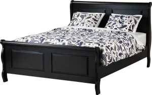 Elegant Black Wooden Bedwith Patterned Bedding PNG Image