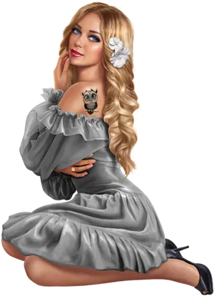 Elegant Blonde Woman Floral Tattoo PNG Image