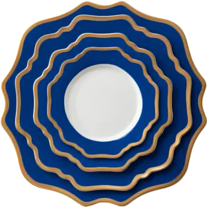 Elegant Blue Gold Rimmed Plate Set PNG Image