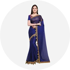 Elegant Blue Saree Model PNG Image