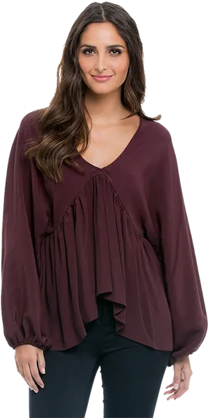 Elegant Burgundy Blouse Woman PNG Image