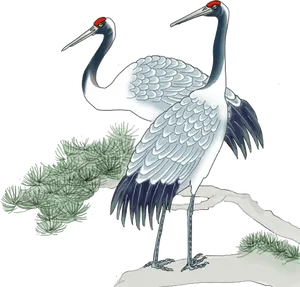 Elegant Cranes Illustration PNG Image