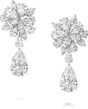 Elegant Diamond Flower Drop Earrings PNG Image