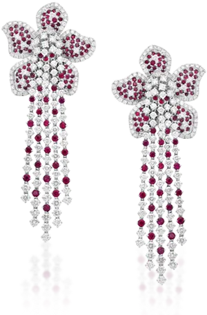 Elegant Diamond Ruby Flower Earrings PNG Image