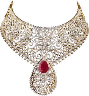 Elegant Diamondand Ruby Necklace Design PNG Image