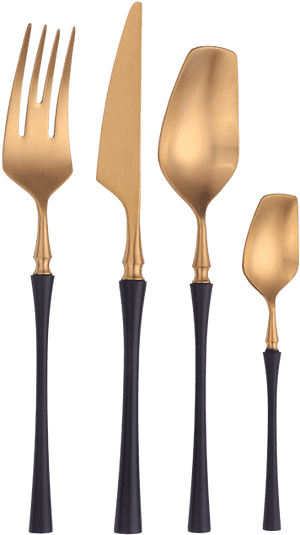Elegant Gold Black Handle Cutlery Set PNG