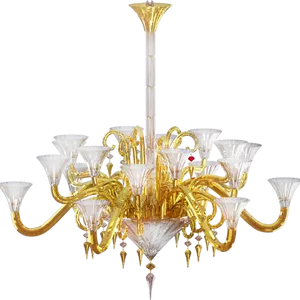 Elegant Golden Glass Chandelier PNG Image