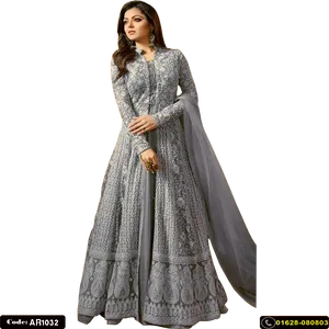 Elegant Gray Anarkali Suitwith Dupatta PNG Image