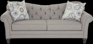 Elegant Gray Tufted Couchwith Pillows PNG image with transparent background