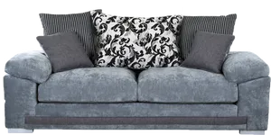 Elegant Gray Velvet Sofa With Pillows PNG Image