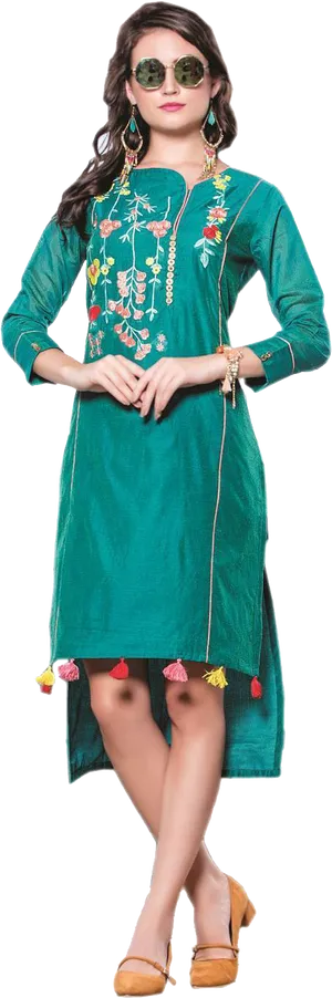 Elegant Green Kurti Model Pose PNG Image