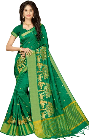 Elegant Green Saree Model PNG Image