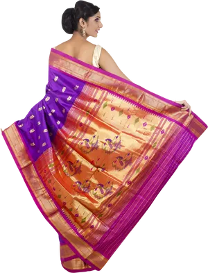 Elegant Indian Womanin Traditional Saree PNG Image