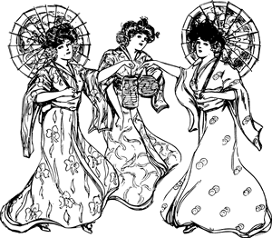 Elegant Kimono Clad Women Art PNG with transparent background