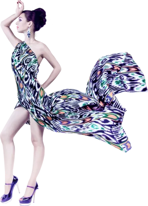 Elegant Modelin Flowing Dress PNG Image