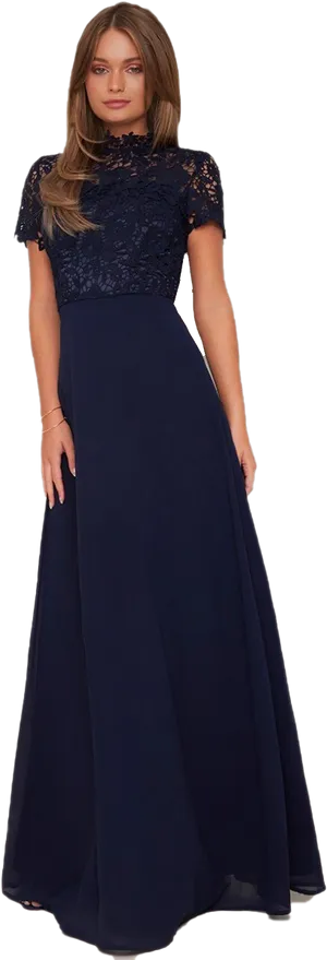 Elegant Navy Lace Evening Gown PNG Image