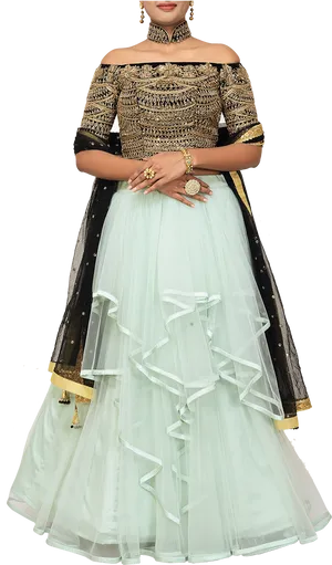 Elegant Off Shoulder Lehenga Design PNG Image