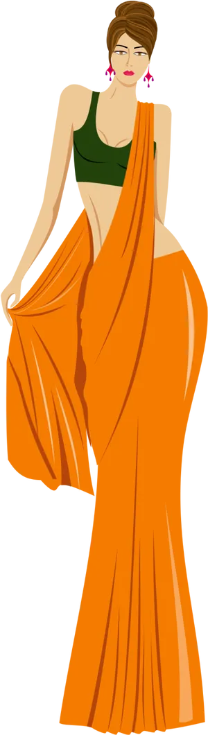 Elegant Orange Saree Vector Illustration PNG Image