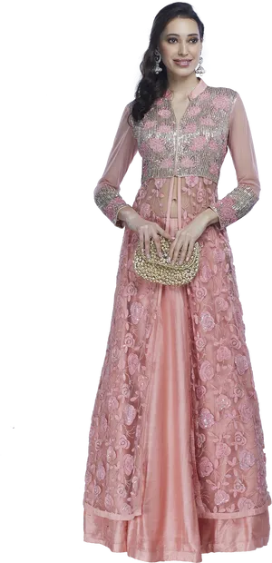 Elegant Pink Embroidered Lehenga Set PNG Image