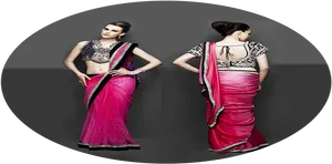 Elegant Pink Saree Model Dual Pose PNG Image