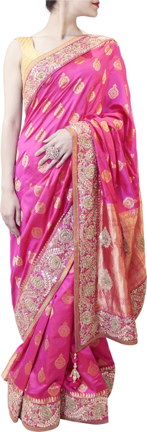 Elegant Pink Sareewith Gold Embroidery PNG Image