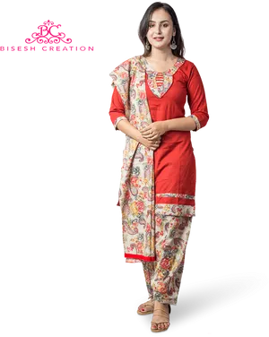 Elegant Red Kurti With Floral Dupatta PNG Image