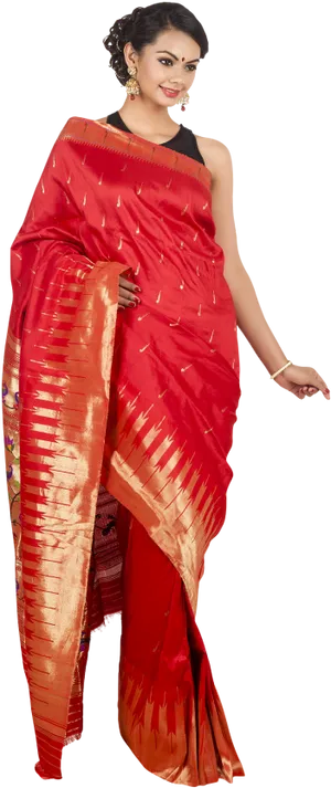 Elegant Red Saree Model PNG Image