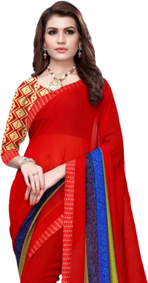 Elegant Red Saree Model PNG Image