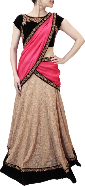 Elegant Saree Model Pose PNG Image