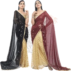 Elegant Saree Models Showcasing Traditional Attire PNG Image