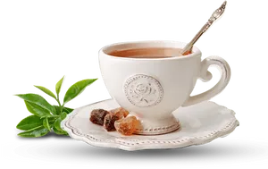 Elegant Tea Cup With Spoon And Tea Leaves PNG Image