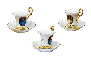 Elegant Teacupswith Portraits Gold Trim PNG Image