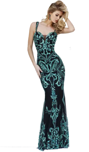 Elegant Teal Embroidered Evening Gown PNG Image