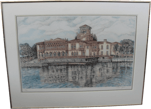 Elegant Waterfront Mansion Artwork PNG image with transparent background