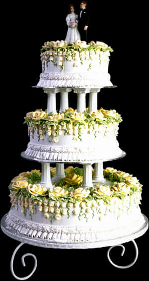 Elegant Wedding Cakewith Couple Topper PNG image with transparent background