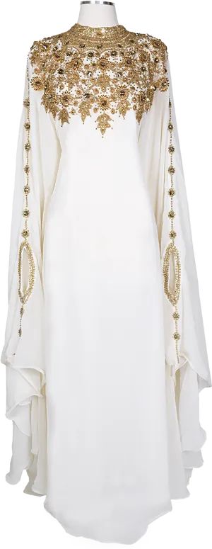 Elegant White Abayawith Gold Embroidery PNG Image