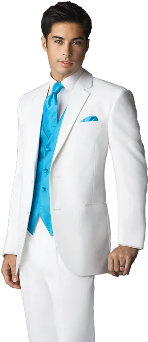 Elegant White Tuxedowith Blue Vest PNG Image